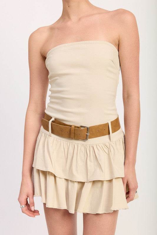 STRAPLESS TIERED MINI DRESS WITH BELT