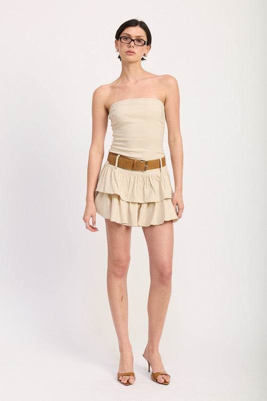 STRAPLESS TIERED MINI DRESS WITH BELT