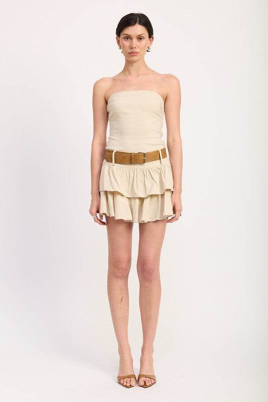 STRAPLESS TIERED MINI DRESS WITH BELT