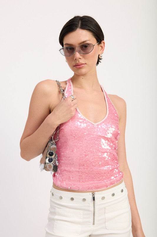 SEQUIN HALTER TOP WITH CONTRAST TRIM