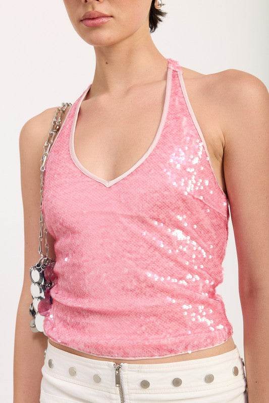 SEQUIN HALTER TOP WITH CONTRAST TRIM