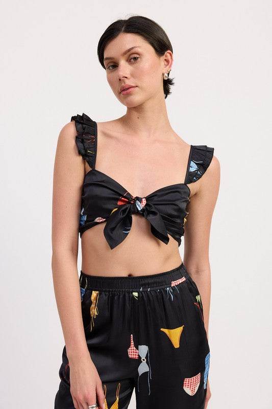 TIE FRONT BRALETTE TOP WITH PUFF SLEEVES