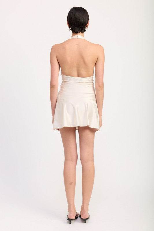 HALTER MINI DRESS WITH LACE TRIM DETAIL