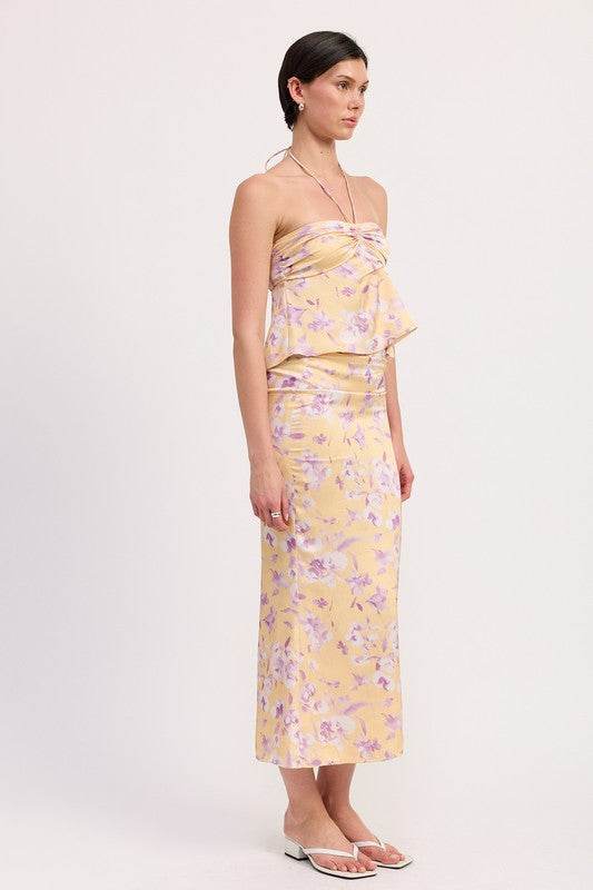 FLORAL STRAPLESS RUCHED HALTER TOP