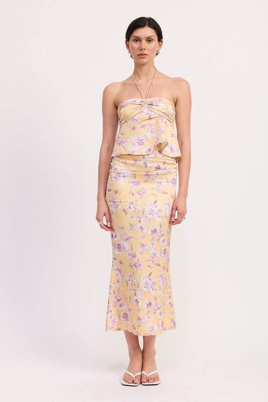 FLORAL STRAPLESS RUCHED HALTER TOP