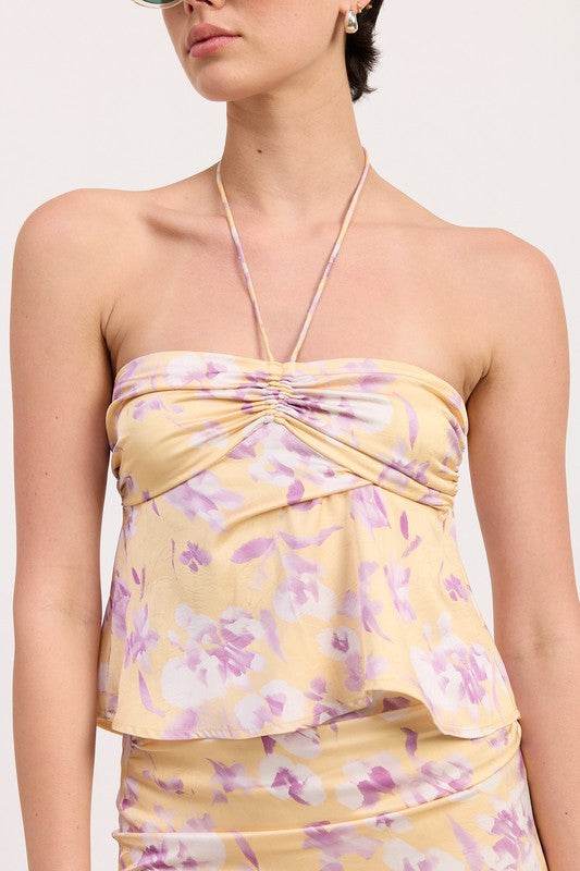 FLORAL STRAPLESS RUCHED HALTER TOP