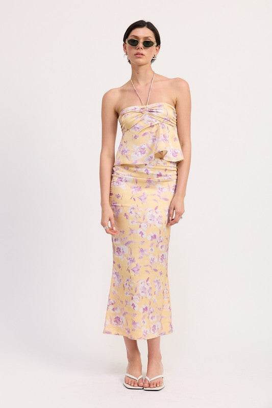 FLORAL STRAPLESS RUCHED HALTER TOP