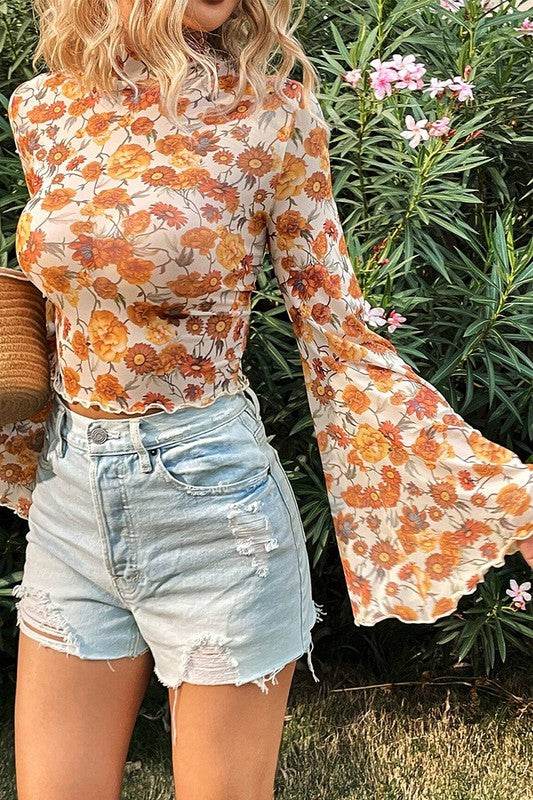 Floral Bell Sleeve Mock Neck Scallop Trim Blouse