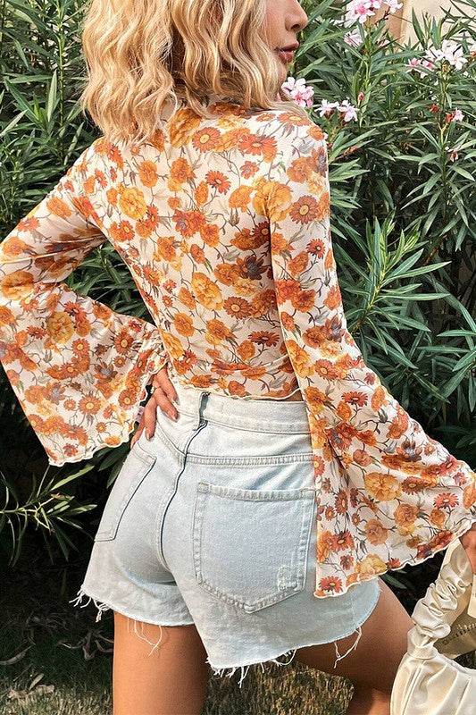 Floral Bell Sleeve Mock Neck Scallop Trim Blouse