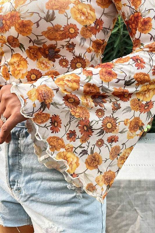 Floral Bell Sleeve Mock Neck Scallop Trim Blouse