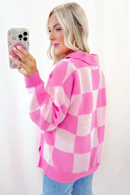 Checkerboard Button Collared Drop Shoulder Sweater