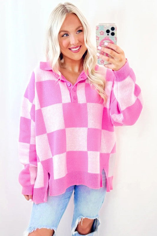 Checkerboard Button Collared Drop Shoulder Sweater