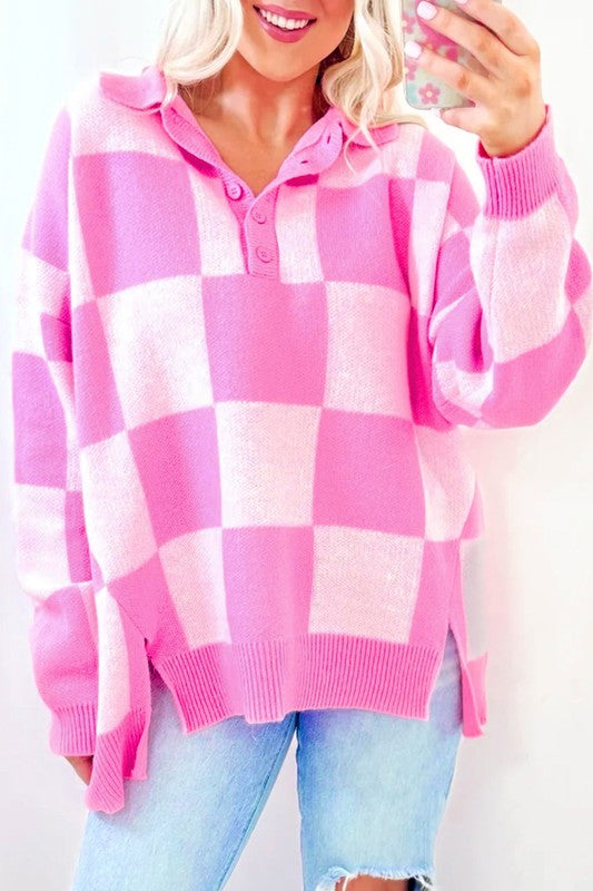 Checkerboard Button Collared Drop Shoulder Sweater