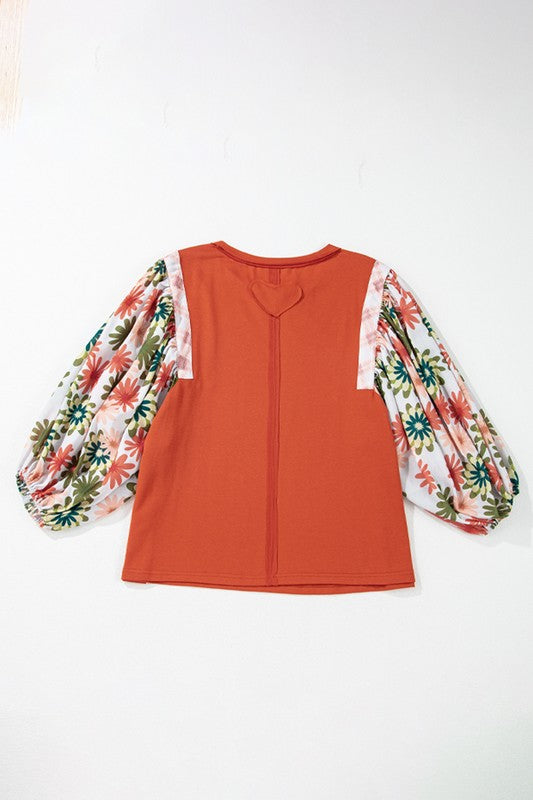 Floral Puff Sleeve Patchwork Round Neck Blouse