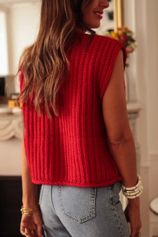 Solid  Knit Side Pockets Buttoned Sweater Vest