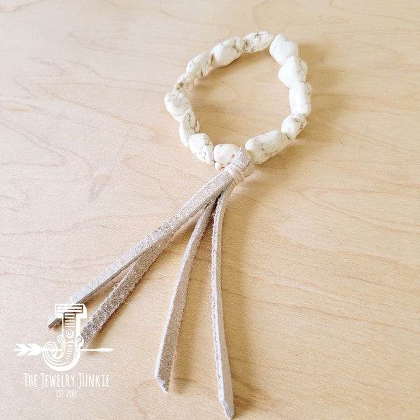 White Turquoise Beaded Bracelet w/ Leather Tassel