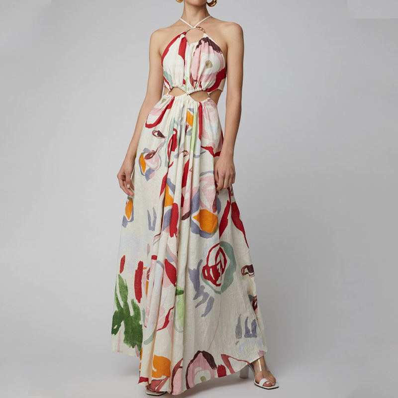 Spring Summer Women Clothing Slim Fit Large Swing Sling Stitching Printing Maxi Dress Beach Dress