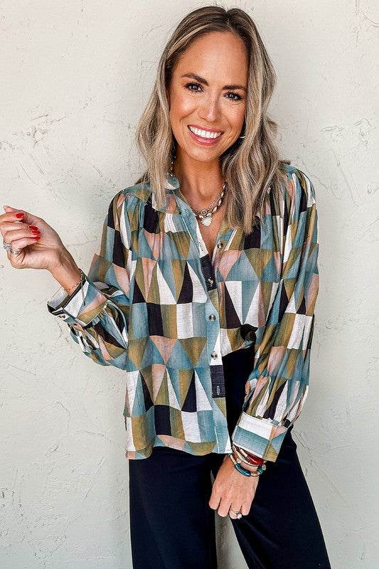 Print Buttoned Balloon Sleeve Loose Fit Shirt