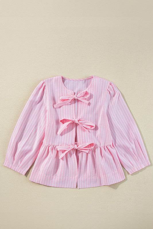 Stripe Bowknot Front Crew Neck Puff Sleeve Blouse