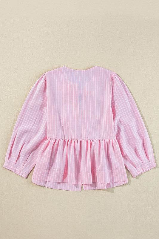 Stripe Bowknot Front Crew Neck Puff Sleeve Blouse