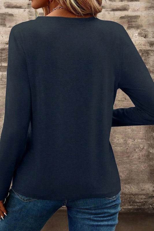 V Neck Pocket Patched Long Sleeve Blouse