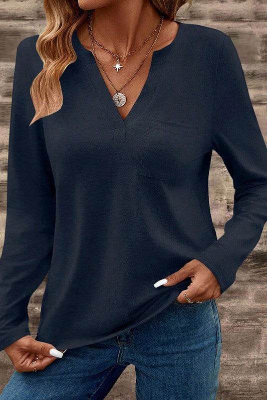 V Neck Pocket Patched Long Sleeve Blouse