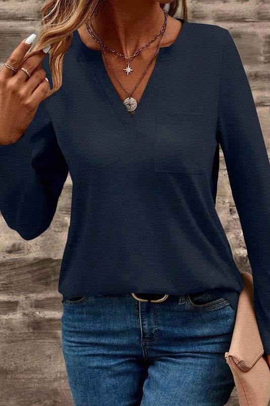 V Neck Pocket Patched Long Sleeve Blouse