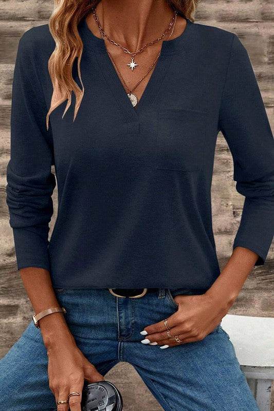 V Neck Pocket Patched Long Sleeve Blouse