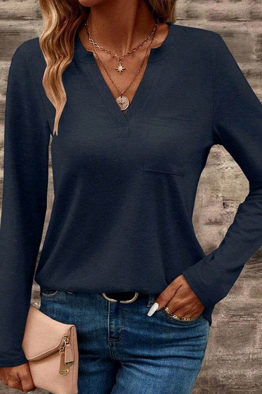 V Neck Pocket Patched Long Sleeve Blouse