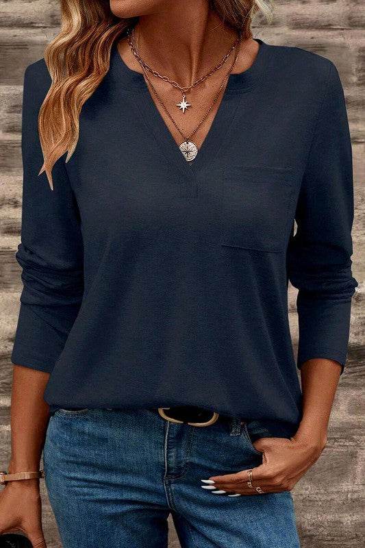V Neck Pocket Patched Long Sleeve Blouse