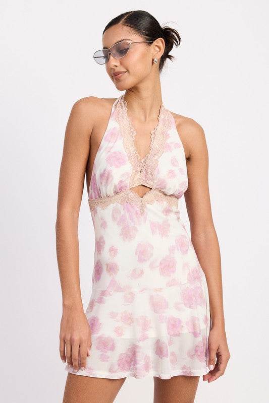 FLARED MINI DRESS WITH HALTER NECK AND LACE TRIM