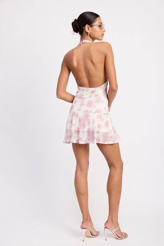 FLARED MINI DRESS WITH HALTER NECK AND LACE TRIM