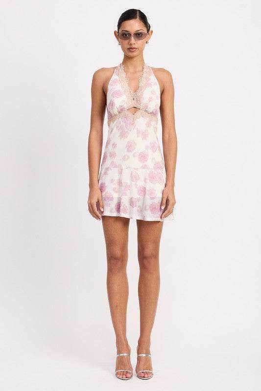 FLARED MINI DRESS WITH HALTER NECK AND LACE TRIM