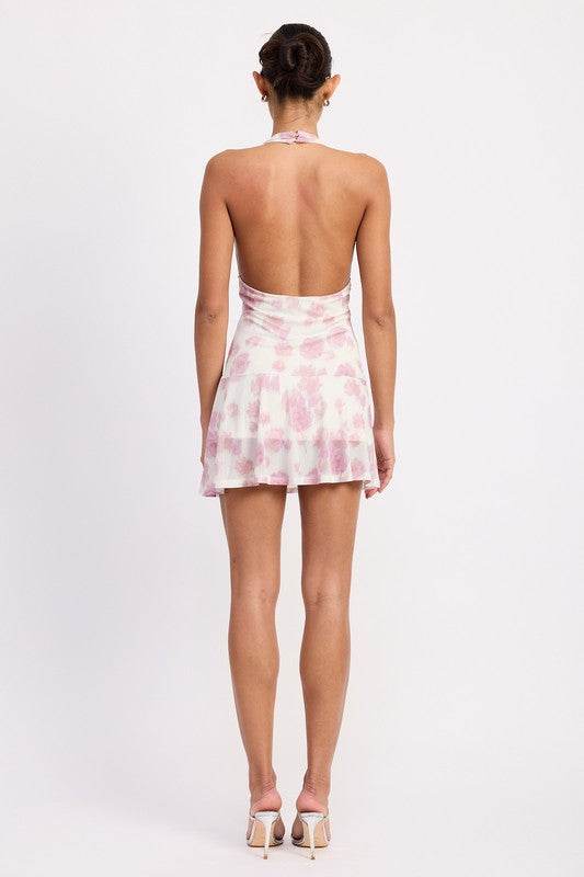 FLARED MINI DRESS WITH HALTER NECK AND LACE TRIM