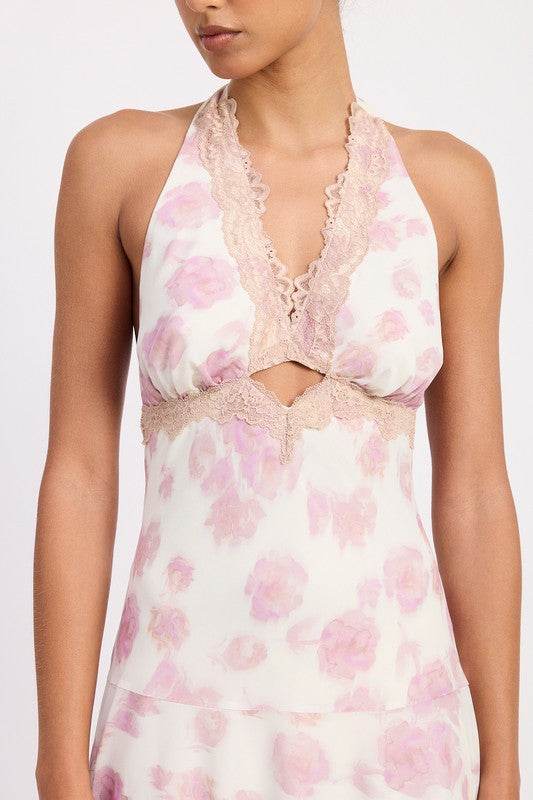 FLARED MINI DRESS WITH HALTER NECK AND LACE TRIM