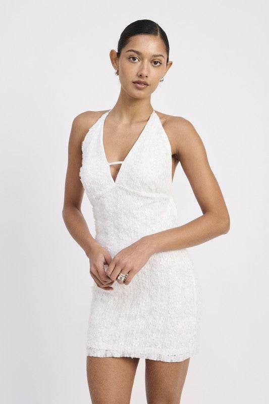 HALTER NECK MINI LACE DRESS WTIH BACK TIE