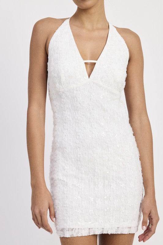 HALTER NECK MINI LACE DRESS WTIH BACK TIE