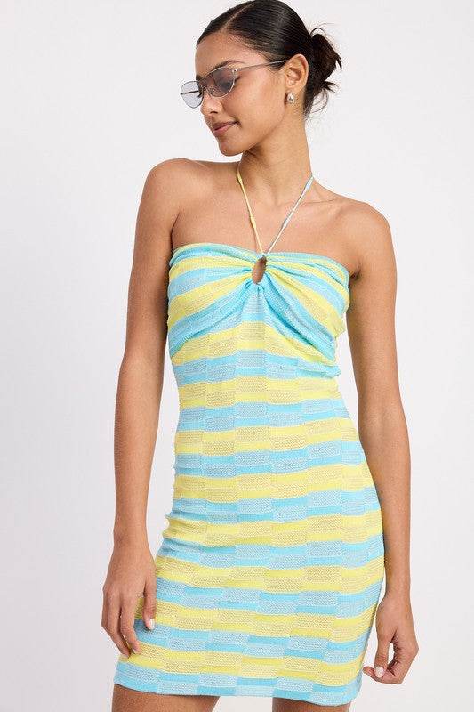 LACE TRIM HALTER MINI DRESS WTIH FRONT CUTOUT