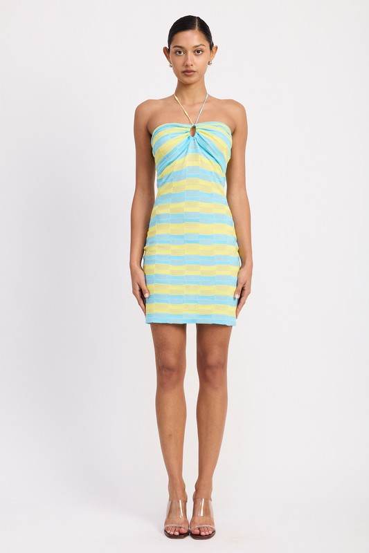 LACE TRIM HALTER MINI DRESS WTIH FRONT CUTOUT