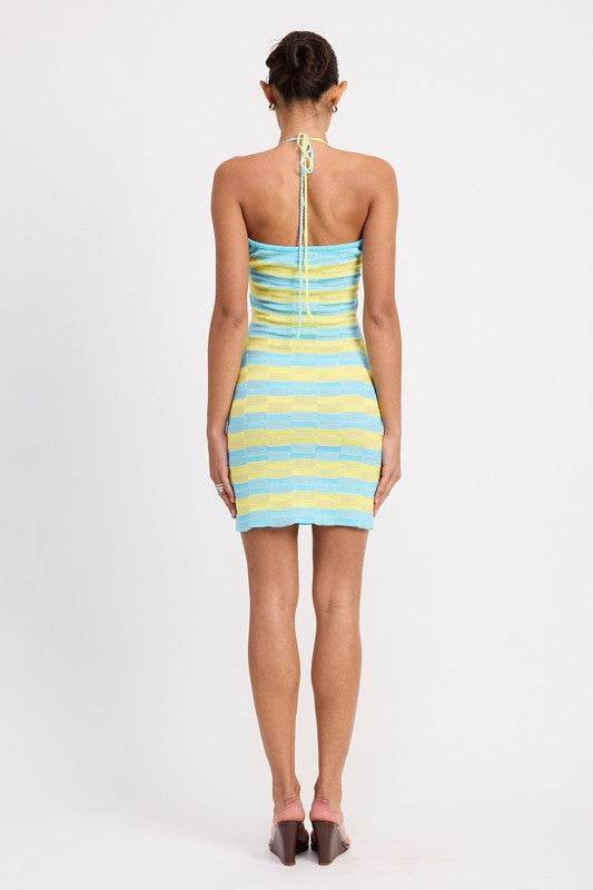 LACE TRIM HALTER MINI DRESS WTIH FRONT CUTOUT