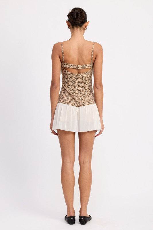 PLAID RUCHED MINI DRESS WITH CONTRAST TRIM