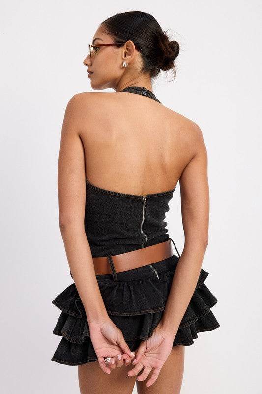 MINI BELTED RUFFLED DENIM DRESS WITH HALTER NECK