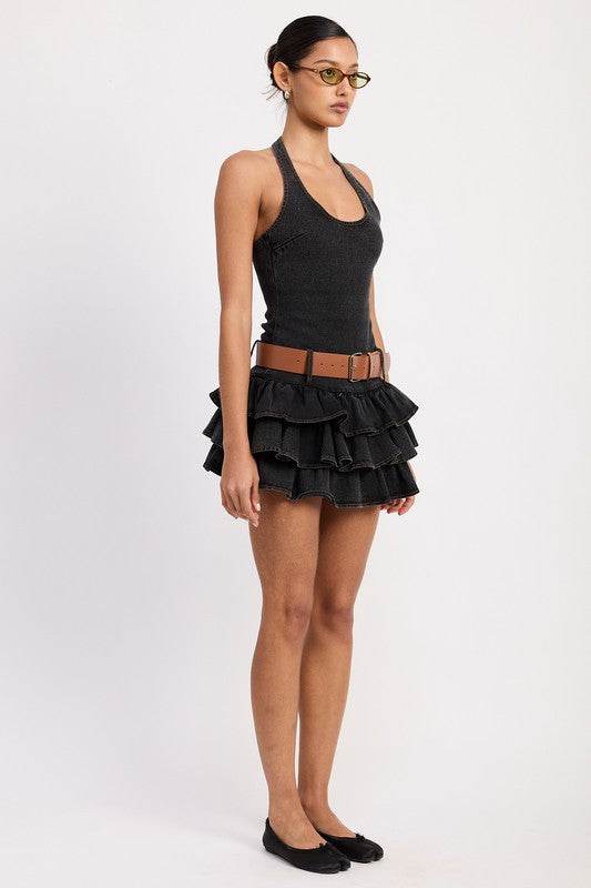 MINI BELTED RUFFLED DENIM DRESS WITH HALTER NECK