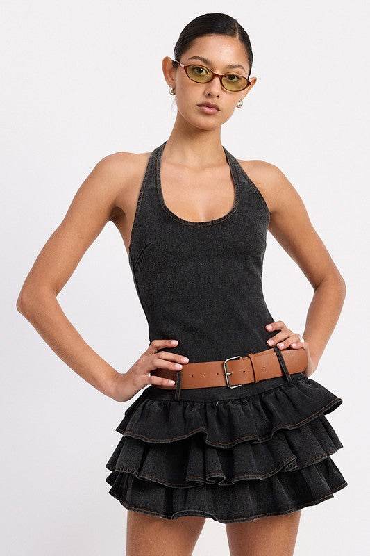 MINI BELTED RUFFLED DENIM DRESS WITH HALTER NECK
