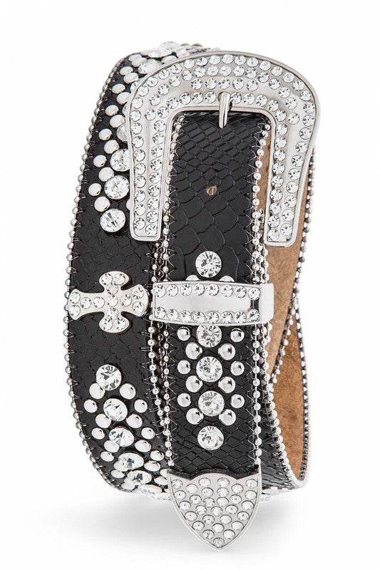 Crystal Cross Leather Western Belt