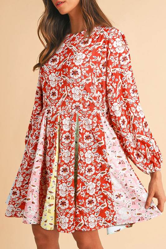 Floral Patchwork Long Sleeve Pleated Mini Dress