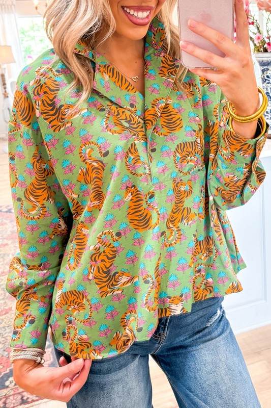Tiger Floral Printed Collared V Neck Casual Blouse