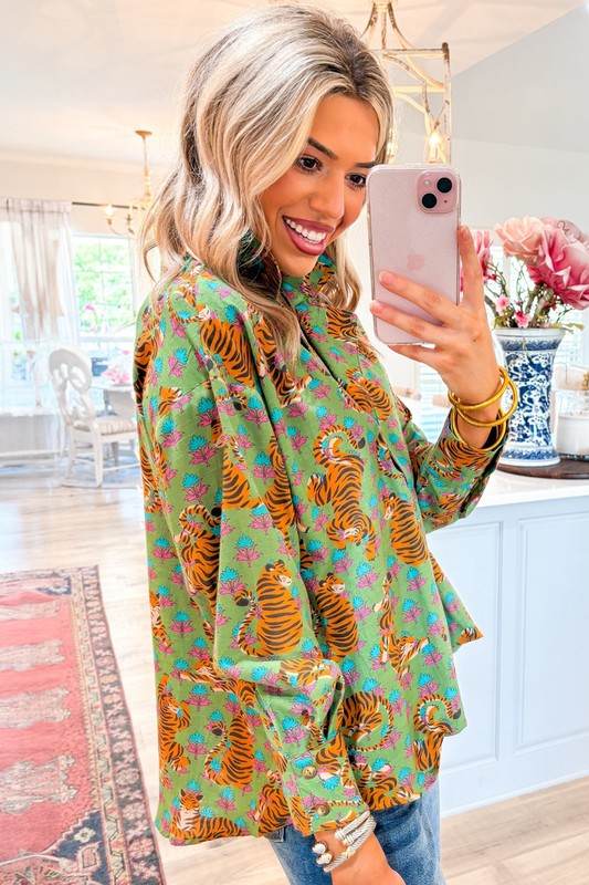 Tiger Floral Printed Collared V Neck Casual Blouse
