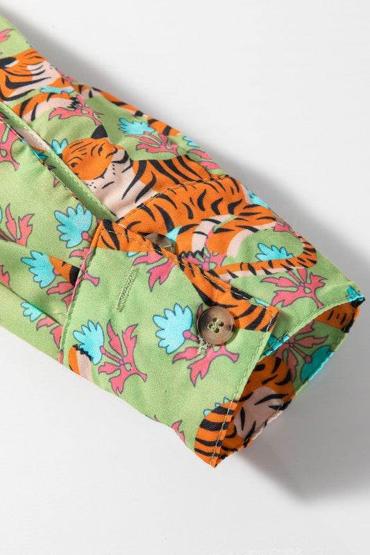 Tiger Floral Printed Collared V Neck Casual Blouse