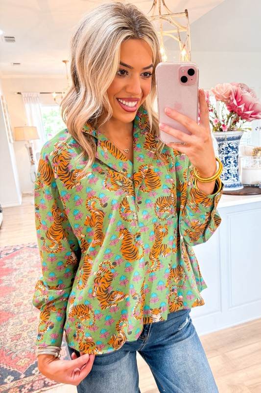 Tiger Floral Printed Collared V Neck Casual Blouse